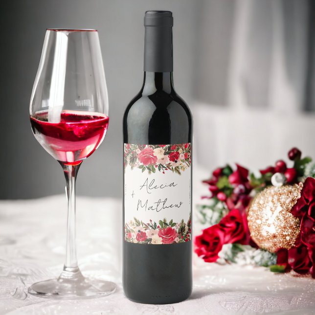 Blommigt bröllop, Röda grönten vintertid Vinflaska Etikett (Red green winter Floral wedding Wine Label)