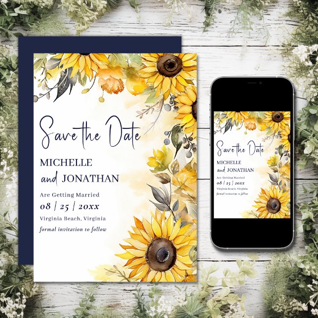 Blommigt Bröllop Spara Datumet (Printed and Digital - Beautiful Watercolor Sunflower Floral Wedding Save The Date)