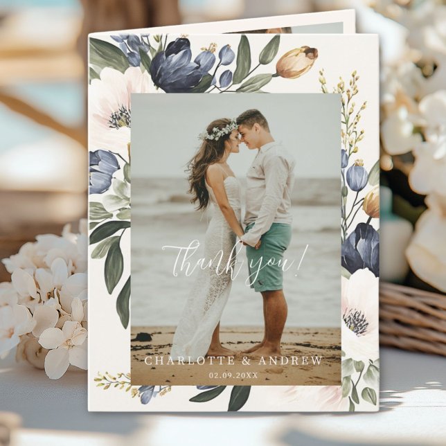 Blommigt Bröllop Tack 3 Foton Kort (Floral Wedding Thank You 3 Photos)