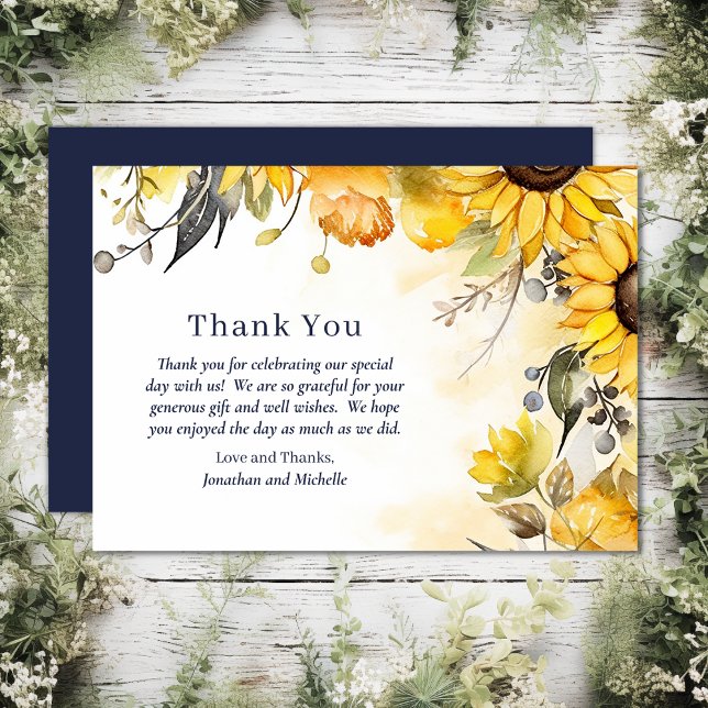Blommigt Bröllop Tack Kort (Front and Back - Beautiful Watercolor Sunflower Floral Wedding Thank You Card)