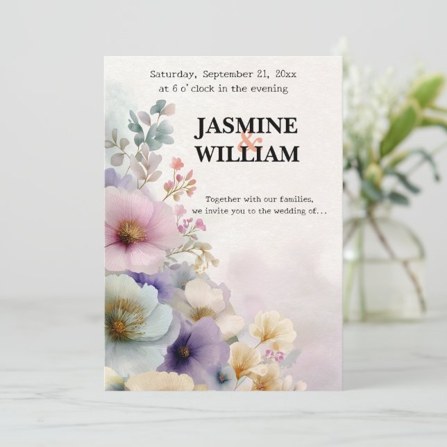 💐 Blommigt Bröllopsinbjudan 💌  på vattenfärgen � Inbjudningar (Stående Fram)