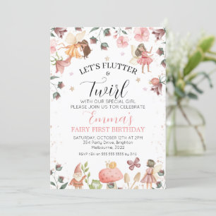 Blommigt Brown Älvors Flutter Twirl 1:a födelsedag Inbjudningar