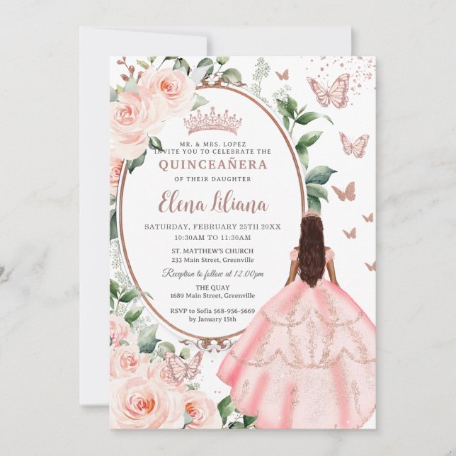  Blommigt Brown Princess Ro Guld Quinceañera Inbjudningar (Framsida)