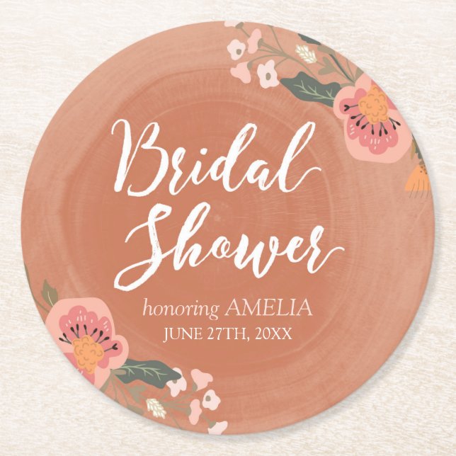 Blommigt Brown Wood Rustic Möhippa Round Underlägg Papper Rund (Framsidan)