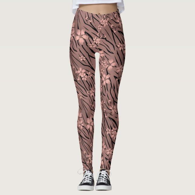 Blommigt, brun, tiger mönster leggings (Framsida)