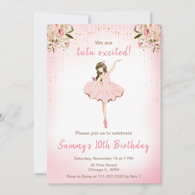 Blommigt Brunette Hair Ballerina Birthday Inbjudningar (Framsida)