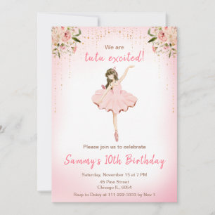 Blommigt Brunette Hair Ballerina Birthday Inbjudningar