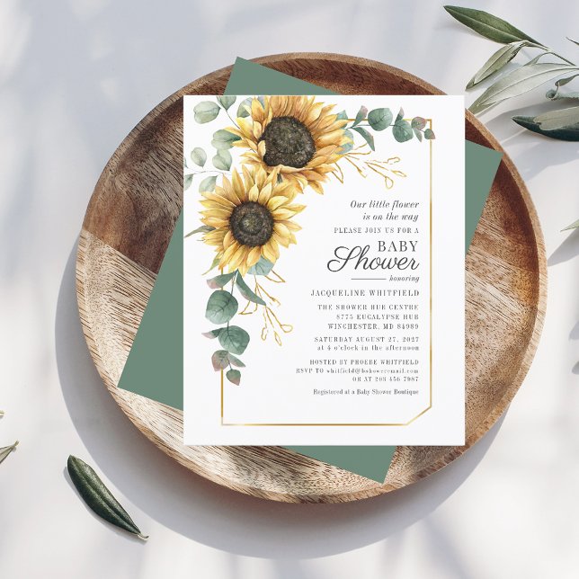 Blommigt Budget Solros Eucalyptus Baby Shower (Sunflower Eucalyptus Floral Baby Shower Invitation)