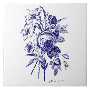 Blommigt Bukett med rosor Botaniskt konst Blue & W Kakelplatta