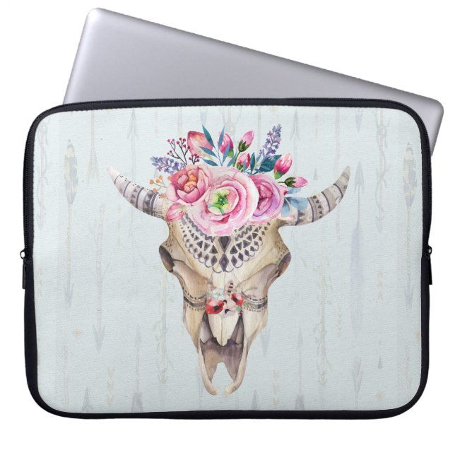 Blommigt Bull Skull över ljusblå bakgrund Laptop Sleeve (Framsidan)