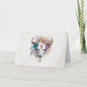 Blommigt Bull Skull Watercolor Art Kort