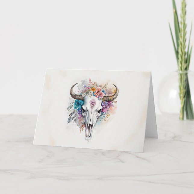 Blommigt Bull Skull Watercolor Art Kort (Framsida)