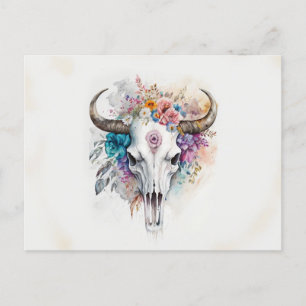 Blommigt Bull Skull Watercolor Art Vykort