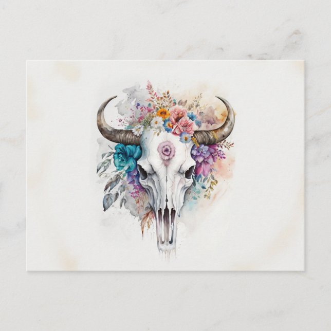 Blommigt Bull Skull Watercolor Art Vykort (Framsida)