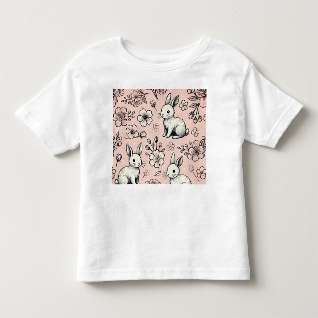 Blommigt Bunny Doodle T-Shirt | Cute & Mysiga Vår  (Framsida)