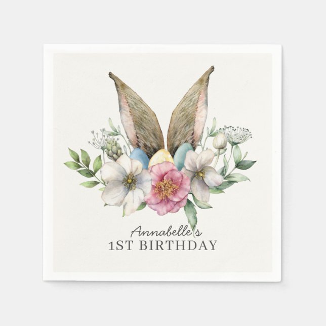 Blommigt Bunny Ear Birthday Pappersservett (Framsidan)