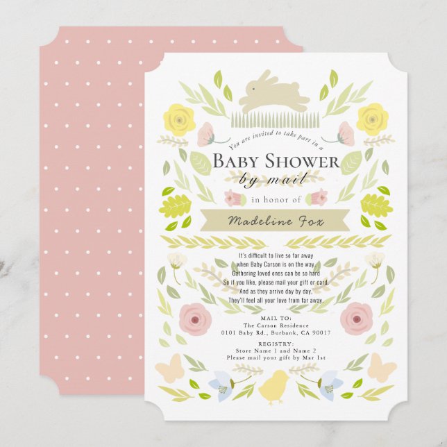 Blommigt Bunny Foliage Rosa Baby Shower by Mail Inbjudningar (Fram/baksida)
