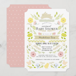 Blommigt Bunny Foliage Rosa Virtuell babystötare Inbjudningar