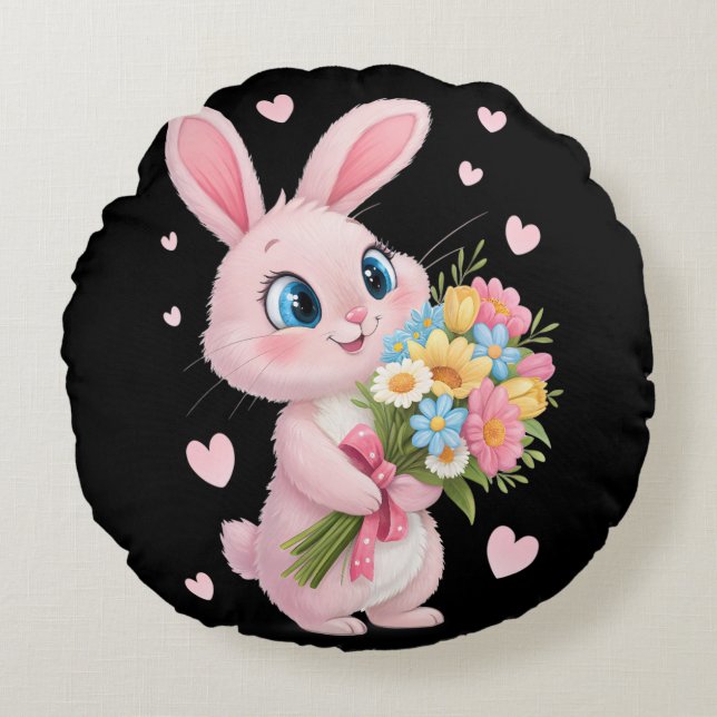 "Blommigt Bunny Joy - Aduly Decorative Rund Kudde (Framsidan)