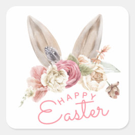 Blommigt Bunny Öron | GLAD PÅSK Fyrkantigt Klistermärke