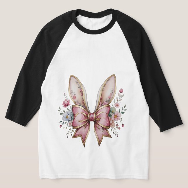Blommigt Bunny Öron med Rosa Bow - Elegant Chinois T Shirt (Laydown)