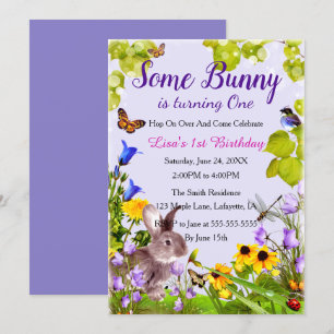 Blommigt Bunny Rabbit 1:a födelsedag Inbjudningar