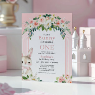 Blommigt Bunny Rabbit 1:a födelsedagsinbjudan Inbjudningar