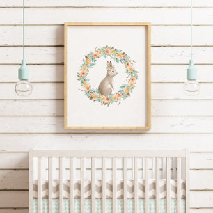 Blommigt Bunny Rabbit Watercolor Woodland Nursery Poster