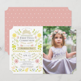 Blommigt Bunny Rosa Girl Photo First Heliga Commun Inbjudningar