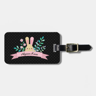 Blommigt Bunny Rosa och svart Anpassat namn Bagagebricka