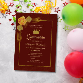 blommigt, burgundi och guld, klassisk quinceañera inbjudningar