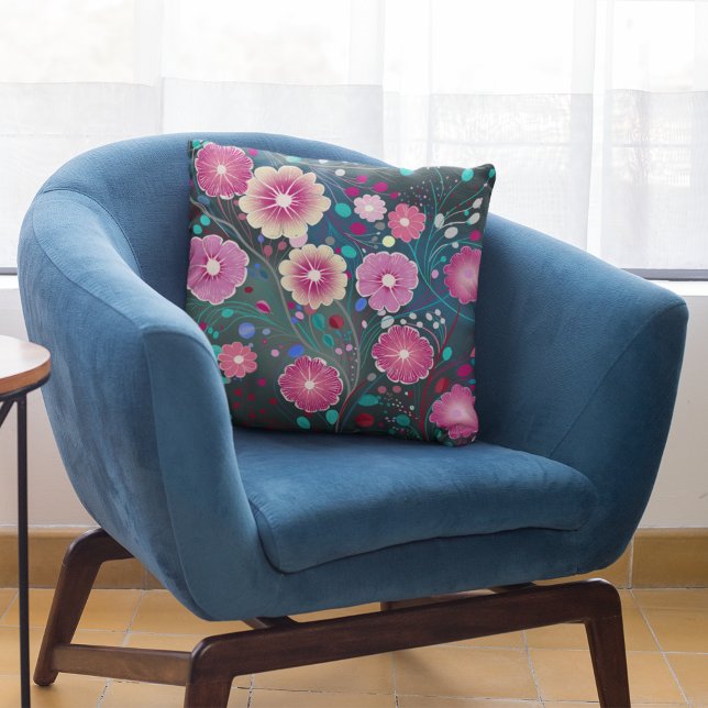 Blommigt burgundi vid ro teal Dekorativ kudde (Unique pattern in burgundy, deep rose, teal and turquoise)