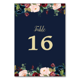  blommigt, burgundisk, marinblått bröllop bordsnummer
