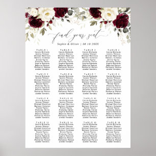 Blommigt Burgundy 16 Bord Bröllop sätesdiagram Poster