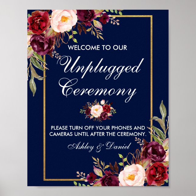Blommigt Burgundy Blue Bröllop Ceremony ej anslute Poster (Framsidan)