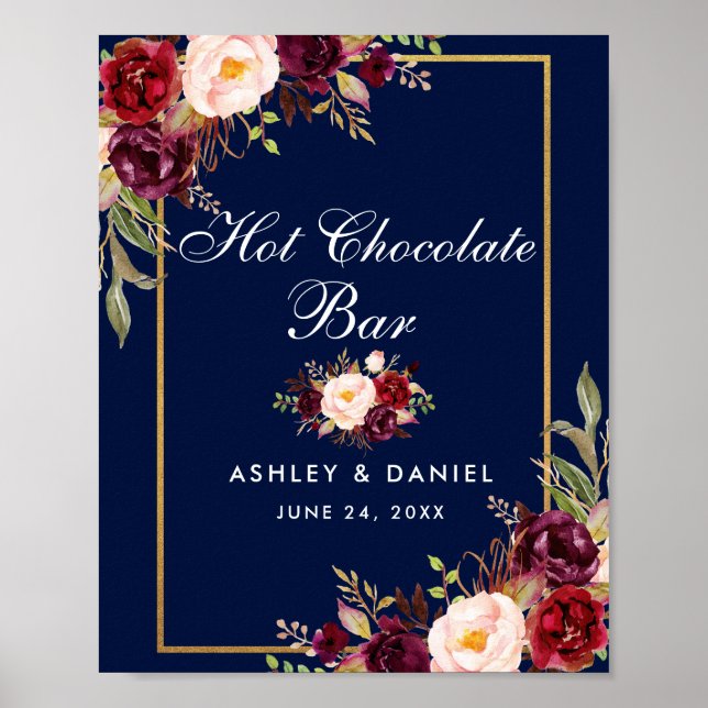 Blommigt Burgundy Blue Bröllop Hett Chocolate Pub Poster (Framsidan)