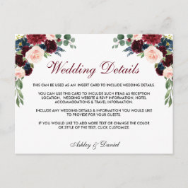 Blommigt Burgundy Blue Bröllop Information Infoga  Vykort