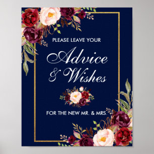 Blommigt Burgundy Blue Guld Bröllop Advice Önskemå Poster