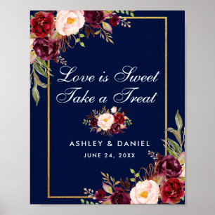 Blommigt Burgundy Blue Guld Bröllop Treat Poster