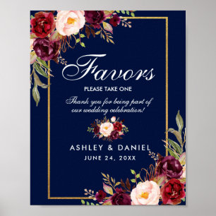Blommigt Burgundy Blue Guld bröllopsfavoriter Poster
