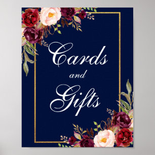 Blommigt Burgundy Blue Guld Bröllopskort GPS Poster