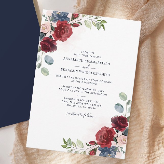 Blommigt Burgundy Botanical Greenery Bröllop Inbjudningar (Floral Botanical Burgundy Bloom Greenery Wedding Invitation)