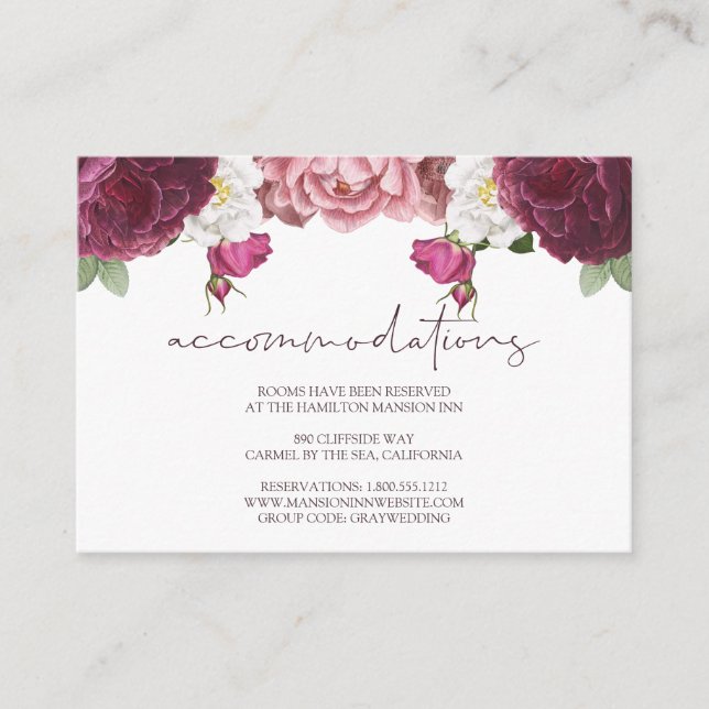 Blommigt Burgundy Bröllop Hotel-inkvartering Tilläggskort (Framsida)