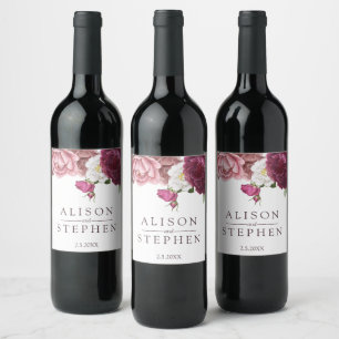 Blommigt Burgundy Bröllop Personlig Vinflaska Etikett