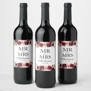 Blommigt Burgundy Bröllop Vinflaska Etikett