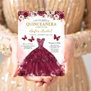 Blommigt Burgundy Butterfly Princess Quinceanera Inbjudningar