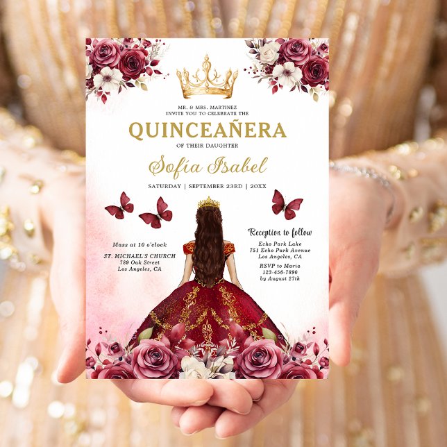Blommigt Burgundy Butterfly Princess Quinceanera Inbjudningar (Skapare uppladdad)