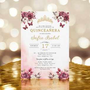 Blommigt Burgundy Butterfly Princess Quinceanera Inbjudningar