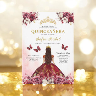 Blommigt Burgundy Butterfly Princess Quinceanera Inbjudningar