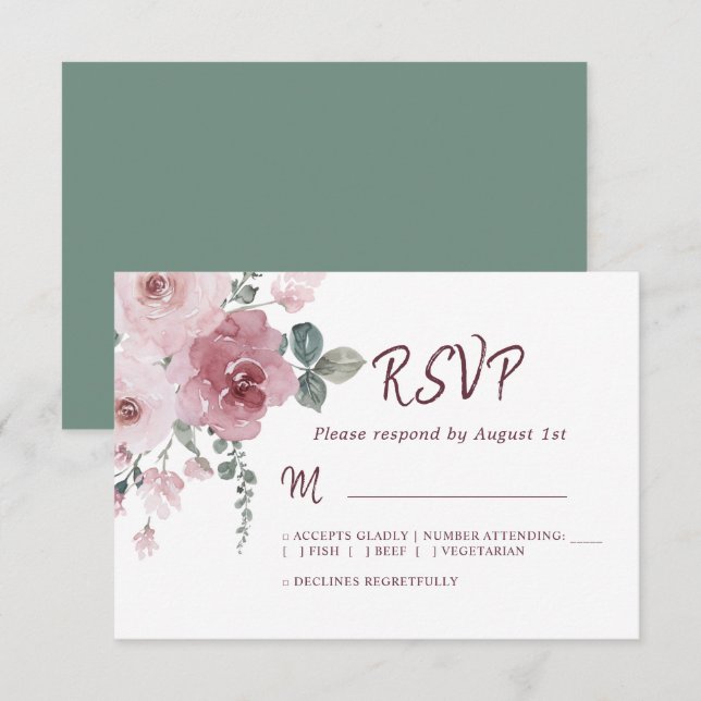 Blommigt Burgundy Dusty Rosa ros Bröllop OSA Kort (Fram/baksida)